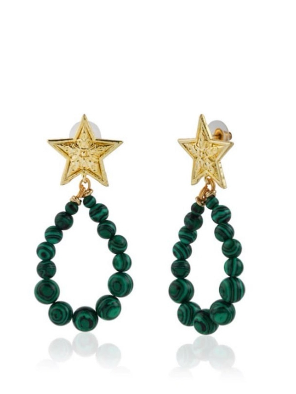 Gold Star Earrings with Green Beaded Teardrops